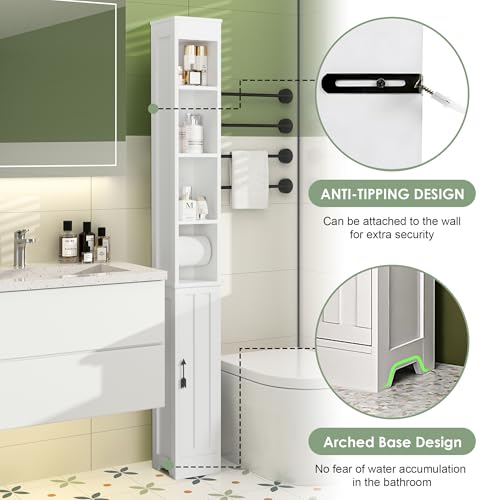 VECELO Tall Narrow Storage Cabinet with Adjustable Shelves, Slim Freestanding Bathroom Cabinet with Toilet Paper Holder, Magnetic Door, for Small Spaces, 7.9" D x 7.9" W x 71" H, Pearl White - color: Shelf Top