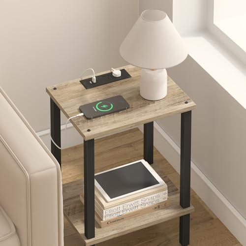TUTOTAK End Table with Charging Station, Side Table Set of 2, Nightstand | 2-Tier Storage Shelf, Bedside Table with USB Ports, Sofa Table for Small Space, Livingroom, Bedroom Greige V1TB01BG041 - color: Greige
