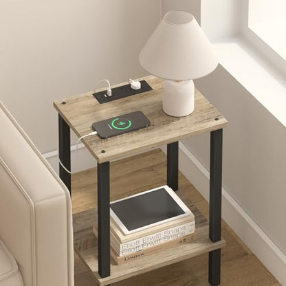 TUTOTAK End Table with Charging Station, Side Table Set of 2, Nightstand | 2-Tier Storage Shelf, Bedside Table with USB Ports, Sofa Table for Small Space, Livingroom, Bedroom Greige V1TB01BG041 - color: Greige