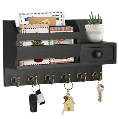 VIS'V Key Holder Wall Mount, Wooden Mail and Key Organizer, Black | Contains Little Drawer, Small Shelf, 2 Slots, 6 Hooks, for Entryway, Hallway, Doorway, Kitchen, Garage, Camper - color: Black