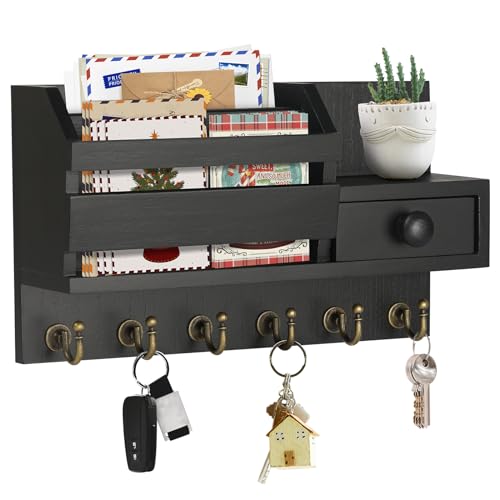 VIS'V Key Holder Wall Mount, Wooden Mail and Key Organizer, Black | Contains Little Drawer, Small Shelf, 2 Slots, 6 Hooks, for Entryway, Hallway, Doorway, Kitchen, Garage, Camper - color: Black