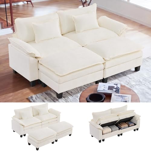85" Modular Sectional Sofa with Storage, Comfy Cloud Couch Sleeper | Chaise Lounge, Deep Seat, Moveable Ottoman, Throw Pillows, Cloud Comfort Couches for Living Room Bedroom, Chenille Beige - color: Beige, size: 85" - 4 Seat