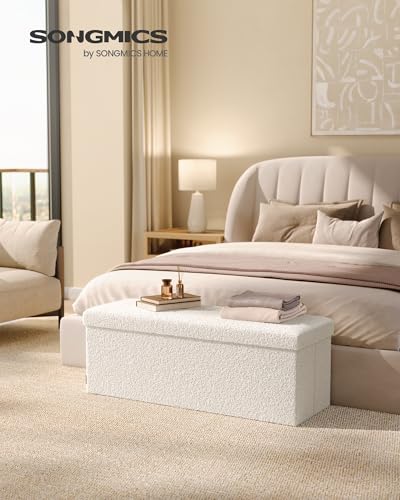 SONGMICS Large Folding Storage Ottoman Bench, 15 x 43 x 15 Inches | Foot Rest Stool, Load up to 660 lb, Cream White and Ink Black, MINOTA Collection ULSF097W01 - color: Cream White, size: 15"D x 43"W x 15"H, style: Rectangle