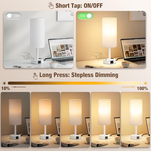 White Touch Bedside Lamp for Bedroom, Stepless Dimmable, USB A+C, AC Outlet | Base Touch Button Only, Memory Brightness, Ultra-dim Night Light, Included Bulb for Optimal Dimming, White Lamp Base, Nursery - color: White & White