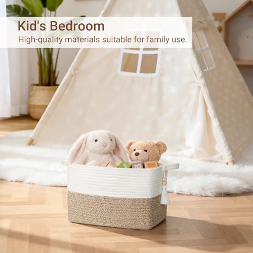 Mkono Woven Storage Basket, Cube Cotton Rope Basket for Shelves, 13"x10"x9" | Organizes Shoes Clothes Toys Towels Books, Gift Basket, Wooden Beads Tassel, Rectangle Bin, Fits Entryway Bedroom Living Room - color: Brown and White