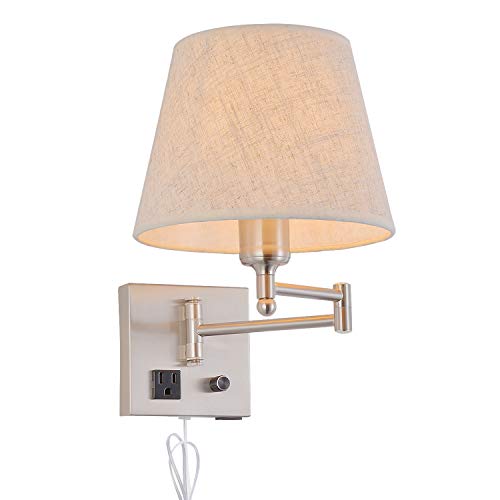 Bedside Wall Mount Light with Dimmable Switch and Outlet, Swing Arm Fabric Shade Wall Sconce Light with USB Port and Plug in Cord, Satin Nickel Wall Lamp for Bedroom, Living Room and Hotel - color: Satin Nickel