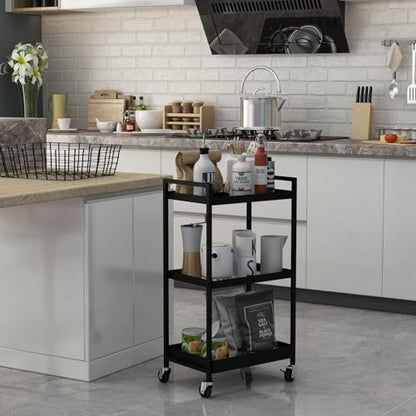 3-Tier Metal Utility Rolling Cart, Heavy Duty Multifunction Rectangular Cart with Lockable Casters, Easy to Assemble, Suitable for Office, Bathroom, Kitchen - Black - color: Black, size: 31.2"H