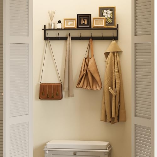 BAMEOS Wall Hooks with Shelf 35 Inch Length Entryway Hanging Shelf Wood Coat Hooks Wall-Mounted Coat Hook Rack with 7 Dual Hooks for Bathroom, Living Room, Bedroom (Black) - style: Black-35IN with shelf