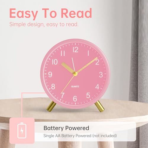 JALL Analog Alarm Clock, 4 inch Super Silent Non Ticking Small Clock with Night Light, Battery Operated, Simple Design, Easy Setting for Office, Bedroom, Bedside, Desk, Teens, Elders, Adult, Pink - color: Pink+gold