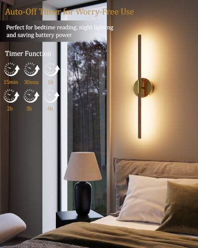 40" Battery Operated Wall Sconce Set of 2, 350° Rotating Lamp, Walnut Gold | Wireless, 8000mAh Rechargeable Battery, Stepless Dimming, 3000K-6000K, Remote & Touch Control, Timer, Living Room, Bedroom - color: Walnut Gold, size: 40 Inch (2 Pack)