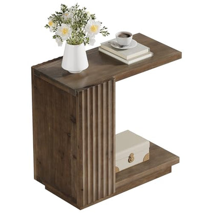 Solid Wood Side Table, C-Shaped Narrow End Table with Storage | 2-Tier Farmhouse Bed Side Table with Fluted Panels, Wood Nightstand for Bedroom, Living Room, Small Spaces, Dark Brown - color: Dark Brown