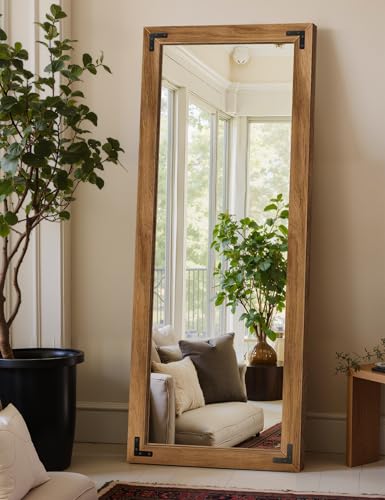 Wood Framed Full Length Mirror for Wall, 56"X22" Floor Standing Body Mirror | Solid Wood Frame, HD Shatterproof Glass, Hanging or Leaning Mirror for Bedroom, Living Room, & Entryway - size: 56"L x 22"W