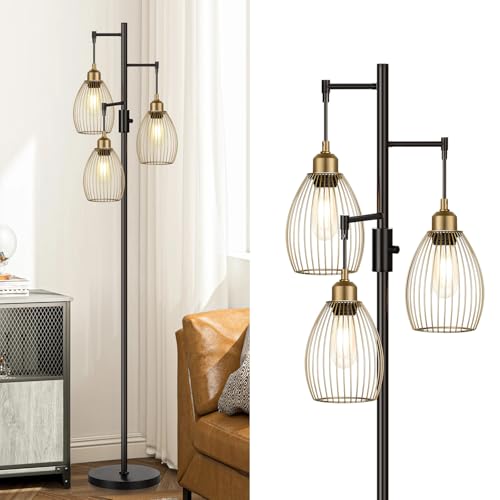 Dimmable Floor Lamp, Industrial Floor Lamps for Living Room, Gold and Black Tree Lamp Standing Lamp Tall Lamps with 3 Elegant Teardrop Cage Head & 800 Lumens LED Bulbs for Living room Bedroom Office - color: Black and Gold -70 inches