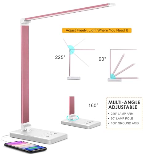 Led Desk Lamp, Desk Lamp with USB Charging Port, 5 Color Modes, 10 Brightness, Natural Light, Eye Caring Reading Lamp, Desk Light for Home Office, Table Lamp, Touch Control, Auto-Timer, Pink - color: Pink