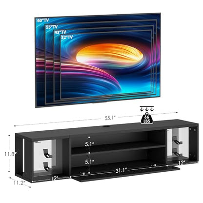 DlandHome 55.1" W Floating TV Stand with LED, Wooden Entertainment Center | Wall Mounted TV Shelf for 50/55/60/65" TV, Media Console with Storage Shelves, Floating Entertainment Center, Black - size: 55.1'' Black