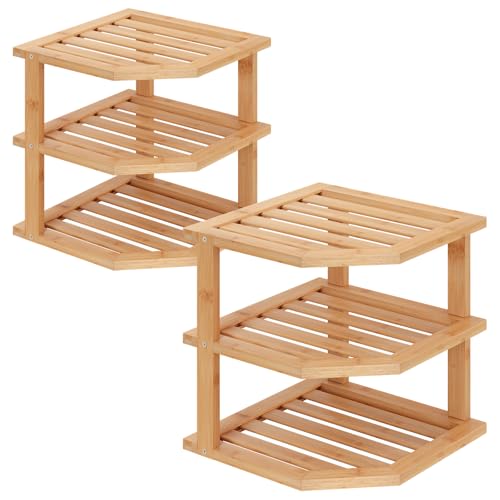 VERTORGAN 3 Tier Bamboo Dish Drying Rack,Corner Shelf 2 Pack(Natural) | Pantry Storage,Dish Rack,Spice Rack,Corner Organizer,Kitchen Counter Shelves,Kitchen Storage,Holds Plates - color: Natural, size: 2 PC