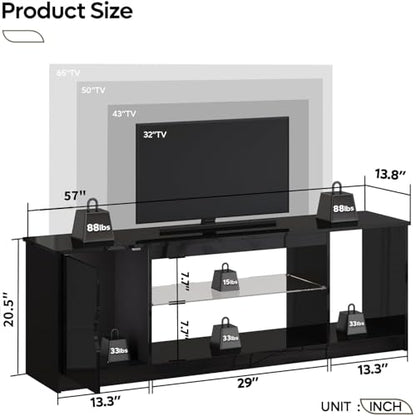 Bestier 57" Gloss Black Media Console - Gaming TV Stand for 65 Inch TV, Entertainment Center for PS5/Xbox Series X, Modern Home Theater Design, Adjustable Glass Shelves - color: Glossy Black