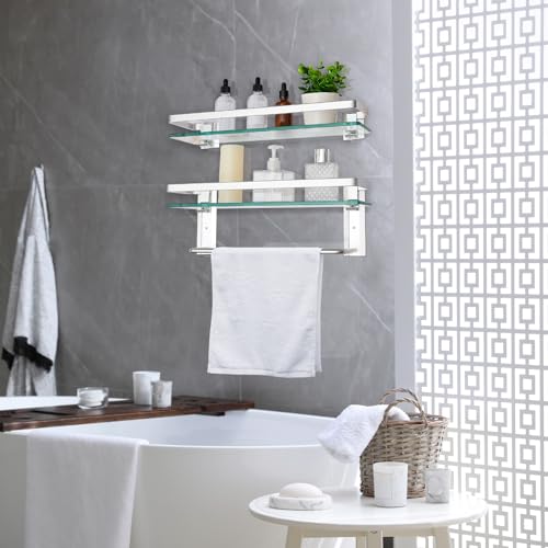 Suzile Set of 2 Glass Bathroom Shelves with Bar, Wall Mounted 15.7 x 4.7 Inches, Bathroom Shelves Hanging Modern Floating Shelf Metal Stick Room Rustproof Organizer Decorative(Silver) - color: Silver