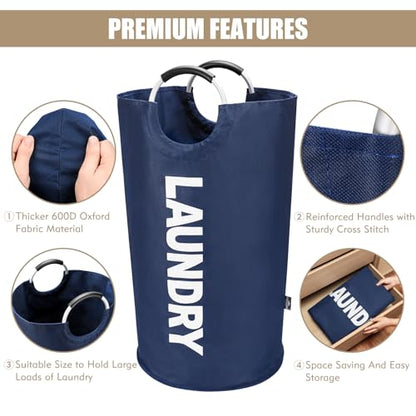 DOKEHOM 90L Large Laundry Basket Bag, Collapsible Tall Hamper, Dark Blue | Freestanding tall washing bin & foldable laundry bag. High-capacity clothes storage basket with durable sturdy handles - color: Dark Blue, size: 90L