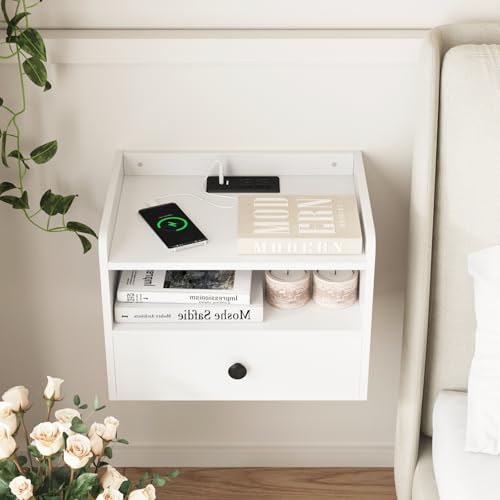 Floating Nightstand Set of 2 Modern Night Stands with Drawer and Open Shelf | Cubby Small Bedside End Table with Charging Station Wall Mounted Nightstands Set 2 for Bedroom White - color: White