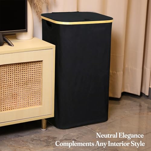 TFLC 100L Large Laundry Hamper with Lid Dirty Clothes Hamper, Black | Narrow Foldable Slim Laundry Basket with Bamboo Handles, Tall Skinny Hamper for Dorm, Bathroom & Bedroom - color: Solid Black