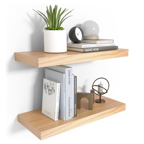 Habudda Floating Shelves for Wall, Natural Wood Shelf Decor for Bathroom Kitchen Bedroom, Hanging Mounted Invisible Bracket, Small 17 inch, Rustic Burlywood - color: Burlywood, size: 17"×6.7"×1.6"