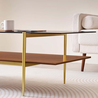 LumFurn X-Large L47in Rectangle Glass Coffee Table, Mid-Century Modern Design for Living Room, L47xW24xH17inch, Amber Glass and Walnut MDF Wood Shelf, Conical Legs with Gold Finish - color: L47" Amber & Walnut