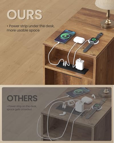 VASAGLE MAEZO Collection - End Table with Charging Station, Narrow Side Table, Nightstand with Tapered Legs, Curved Transitions, for Small Spaces, Bedroom, Honey Brown ULET329K101S - color: Honey Brown