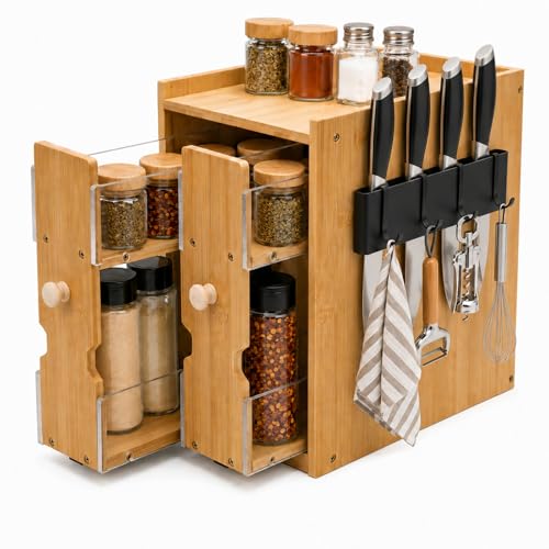 Pull Out Spice Rack Organizer for Cabinet or Countertop, Bamboo | 2-tier bamboo spice organizer with dual pull-out shelves for cabinets, countertops, pantries and coffee bars