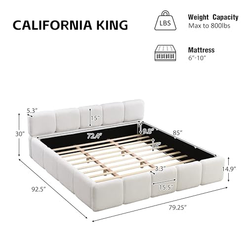 California King Boucle Bed with Headboard, White | Upholstered Ground Bed with Thick Headboard and Footboard, Block Style, Sturdy Platform, No Box Spring Needed - color: White, size: California King