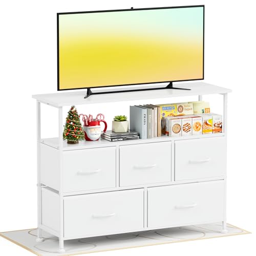 Simple Deluxe TV Stand Dresser for Bedroom Entertainment Center with 5 Fabric Drawers, Storage Organizers Units for Living Room, Media Console Table with Open Shelf up for 45" TV, White, Wood top