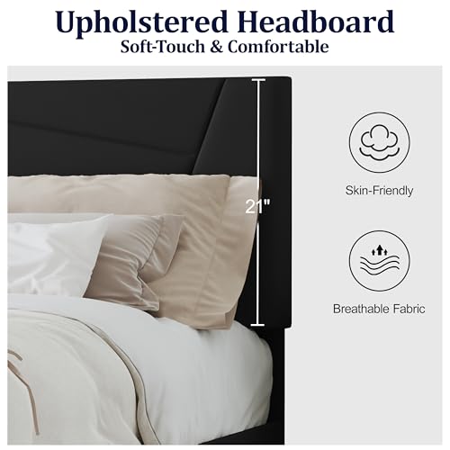 Queen Size Upholstered Bed Frame Frame with Headboard，Velvet Black | Geometric Head Board Platform Bed, Sturdy Wooden Slats, Noiseless No Box Spring Required, Easy to Assemble - color: Black, size: Queen