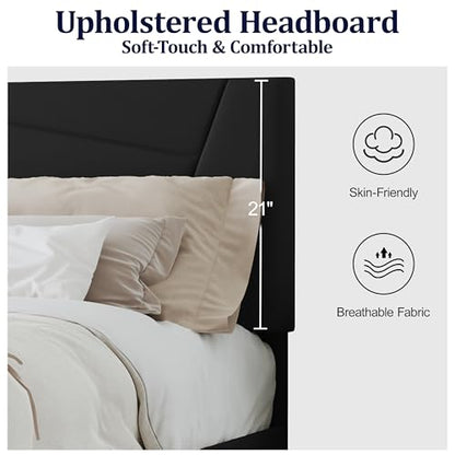 Queen Size Upholstered Bed Frame Frame with Headboard，Velvet Black | Geometric Head Board Platform Bed, Sturdy Wooden Slats, Noiseless No Box Spring Required, Easy to Assemble - color: Black, size: Queen