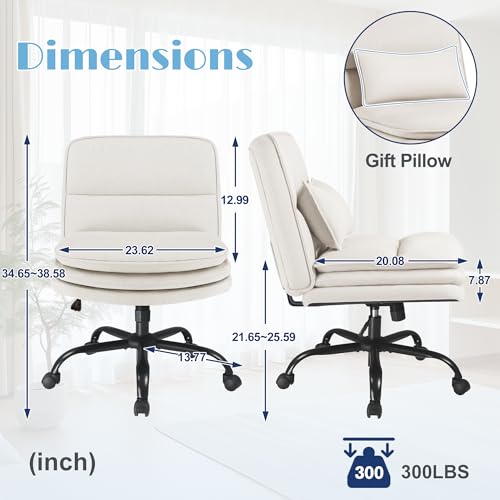 Furmax Criss Cross Legged Office Chair with Wheels, Armless Extra Wide Seat Swivel Desk Chair, Adjustable Height Comfy Task Chair with Thick Cushion for Home Office Bedroom Vanity (Fabric, Beige) - color: Beige