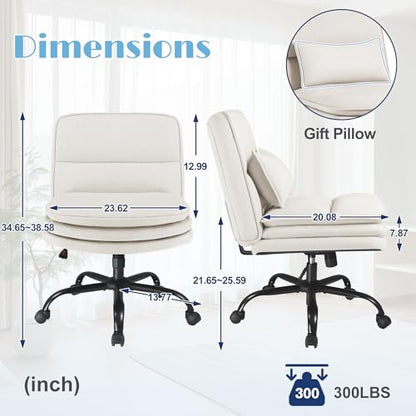 Furmax Criss Cross Legged Office Chair with Wheels, Armless Extra Wide Seat Swivel Desk Chair, Adjustable Height Comfy Task Chair with Thick Cushion for Home Office Bedroom Vanity (Fabric, Beige) - color: Beige