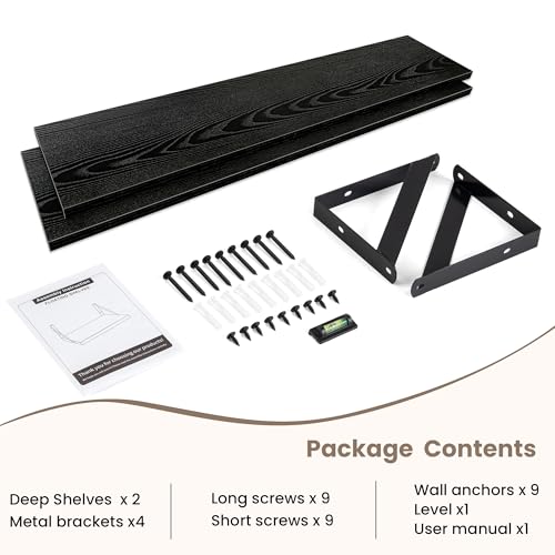 Dreamland Wall Mounted Floating Shelves Set of 2, 36x8, Black | Engineered Wood, Visible Bracket, Large Storage, Hold Up to 60lbs, Living Room, Bathroom, Bedroom, Kitchen - color: Black, size: 36"W x 8"D