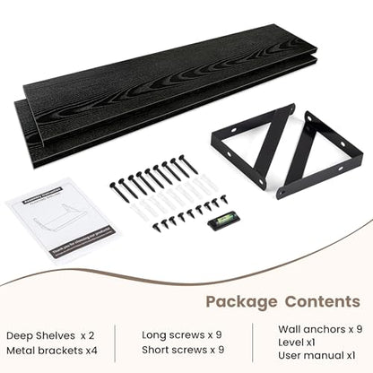 Dreamland Wall Mounted Floating Shelves Set of 2, 36x8, Black | Engineered Wood, Visible Bracket, Large Storage, Hold Up to 60lbs, Living Room, Bathroom, Bedroom, Kitchen - color: Black, size: 36"W x 8"D