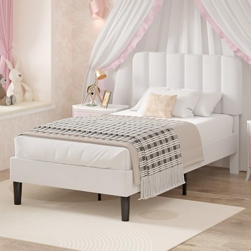 VECELO Twin Size Bed Frame with Upholstered Headboard, Velvet Platform Bedframe Mattress Foundation, Strong Wood Slat Support, No Box Spring Needed,White - color: White, size: Twin, style: Bed Frame