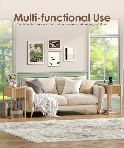 Akxomel Narrow Nightstand with Charging Station Fluted Table Walnut | Wooden Slim Bedside Table, Mid-Century Modern Night Stand with Drawer and Open Shelf, Small Side End Table, for Bedroom - color: Natural Oak, size: 21.7"D x 11"W x 23.6"H