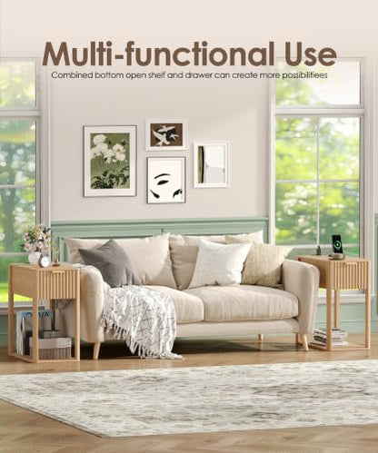 Akxomel Narrow Nightstand with Charging Station Fluted Table Walnut | Wooden Slim Bedside Table, Mid-Century Modern Night Stand with Drawer and Open Shelf, Small Side End Table, for Bedroom - color: Natural Oak, size: 21.7"D x 11"W x 23.6"H