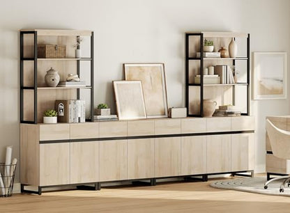 WAMPAT Modern Wall Unit TV Stand with 3 Tiers Bookshelf, Farmhouse Entertainment Center with 4 Storage Cabinets and Adjustable Shelf, Media Console with Black Metal Leg for Living Room, Beige - color: Beige-a