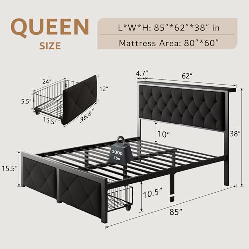 iPormis Queen Bed Frame with 2 Storage Drawers, Linen Upholstered Headboard Platform Bed with Charging Station, No Box Spring Needed, Metal Slats Support, Noise-Free, Easy Assembly, Black - color: Black, size: Queen