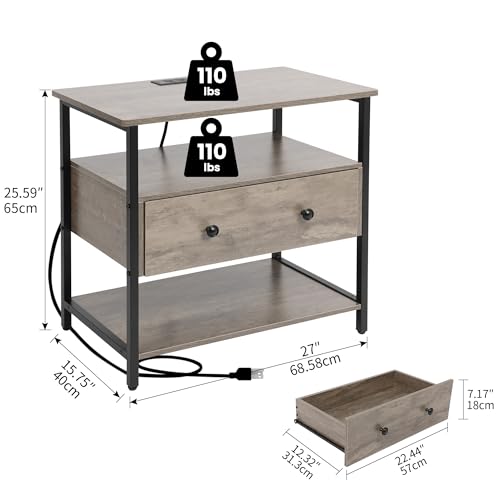 Edbuosy 27" Wide Nightstand with Charging Station & Drawer, Rustic Gray | Small Dresser for Closet, 2 AC Outlets & 2 USB Ports, Open Shelf, Adjustable Feet, Wood Nightstand for Living Room or Bedroom - color: Rustic Gray, size: 1 Drawer