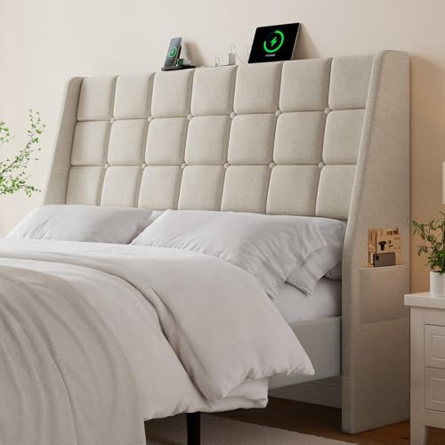 Ergonomic Upholstered Headboard Queen Size w/Charging Station, Linen Wingback Headboards w/Storage Pocket, Queen Headboard Only, Bed Frame Adapters, Sturdy Stable Solid Wood Bed Head Board, Beige - color: White Beige, size: Queen