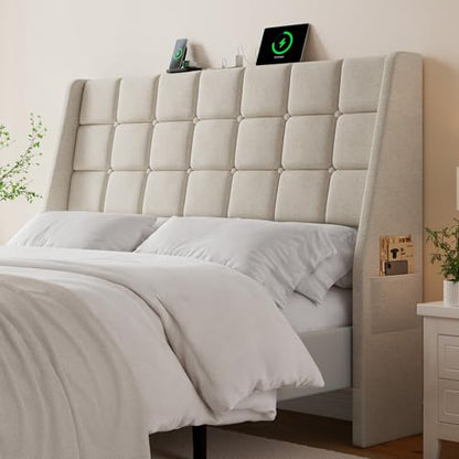 Ergonomic Upholstered Headboard Queen Size w/Charging Station, Linen Wingback Headboards w/Storage Pocket, Queen Headboard Only, Bed Frame Adapters, Sturdy Stable Solid Wood Bed Head Board, Beige - color: White Beige, size: Queen