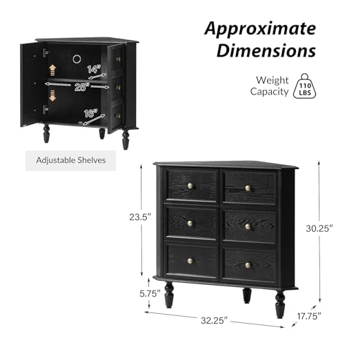 HULALA HOME Vintage Black Corner Cabinet, 30'' Tall 2 Door Triangle Storage Cabinet with Faux Drawers for Living Room, Bathroom, Entryway - color: Black