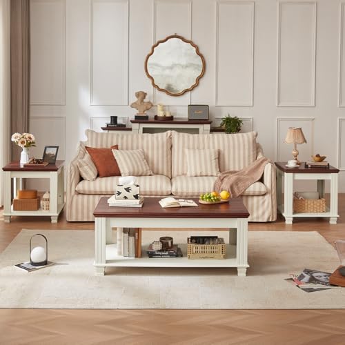 Farmhouse Coffee Table Set of 3, White | Rustic Wood 3 Piece Coffee and End Table Sets with Open Shelf for Living Room - color: White