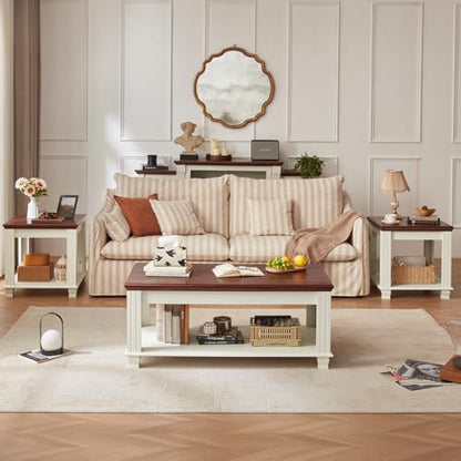 Farmhouse Coffee Table Set of 3, White | Rustic Wood 3 Piece Coffee and End Table Sets with Open Shelf for Living Room - color: White