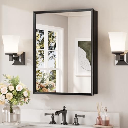 Keonjinn Matte Black Medicine Cabinet Mirror 20 x 26, Adjustable Shelves | Assembly Needed, Wall-Mounted or Recessed Bathroom Medicine Cabinet, Lightweight Aluminum, Safety HD Tempered Glass - color: Black, size: 20x26 In