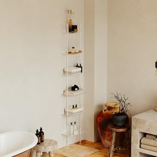 Small Acrylic Ladder Bookshelf, 9.5" D x 15.6" W, 6-Tier Clear Wall Mounted Book Shelf for Small Spaces, Multipurpose Bookcase for Living Room, Bathroom, Office, Modern, 86" H - size: 6-Tier